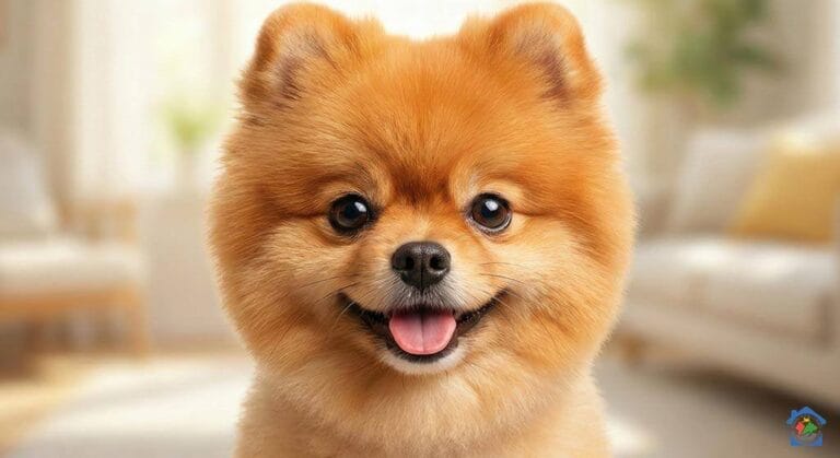 Narančasti pomeranac sretnog izraza lica s teddy bear frizurom gleda u kameru