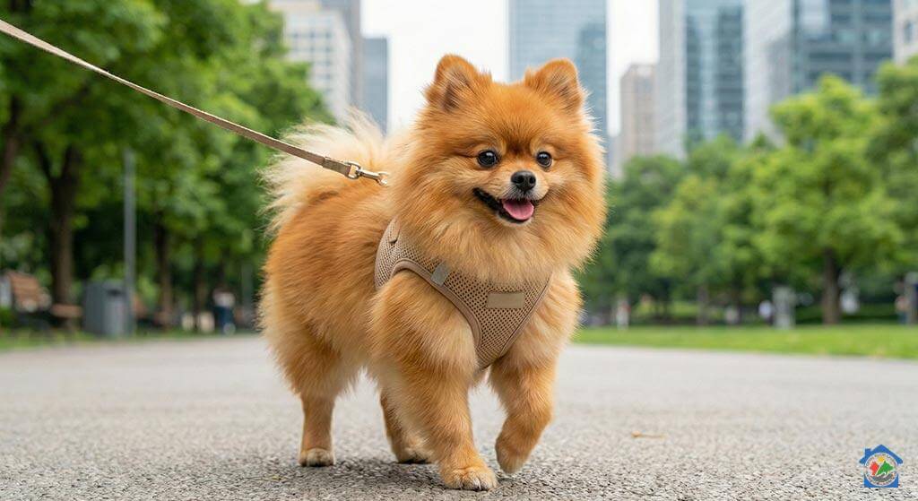 Sretan pomeranac šeta gradskim parkom noseći bež oprsnicu radi zaštite dušnika