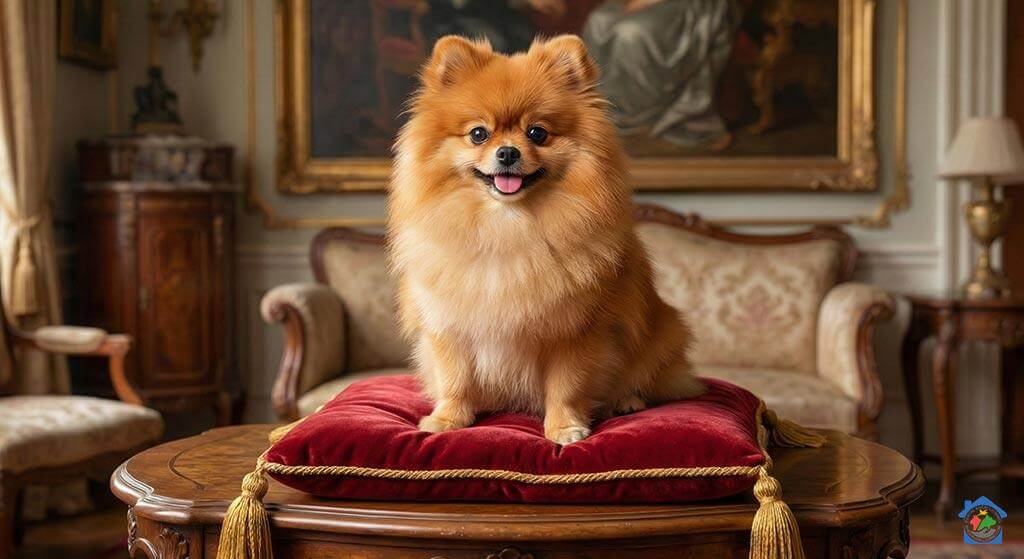 Pomeranac sjedi na kraljevskom baršunastom jastuku u vintage stilu, simbolizirajući povijest pasmine