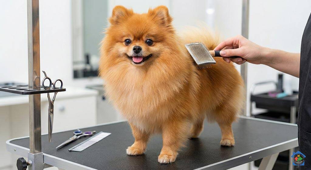 Narančasti pomeranac stoji na stolu za grooming dok ga frizer četka srebrnom četkom