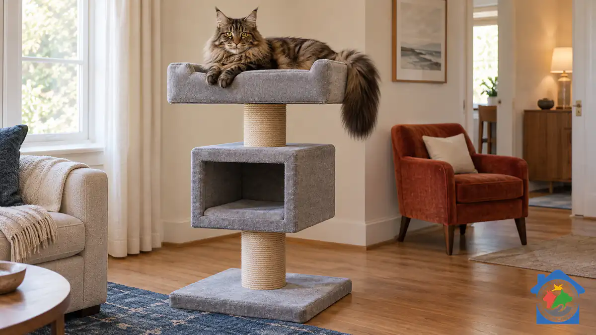 Mačke koje nalikuju divljim mačkama Veliki maine coon s bogatim repom odmara se na stabilnoj penjalici s prostranim ležajem.