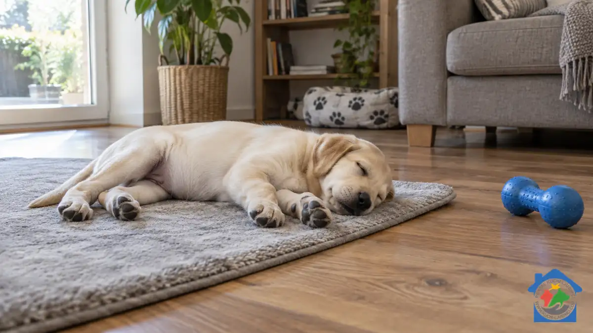 Kako naučiti štene da spava noću Štene labradora spava na prostirci u dnevnoj sobi, s gumenom igračkom odloženom sa strane.