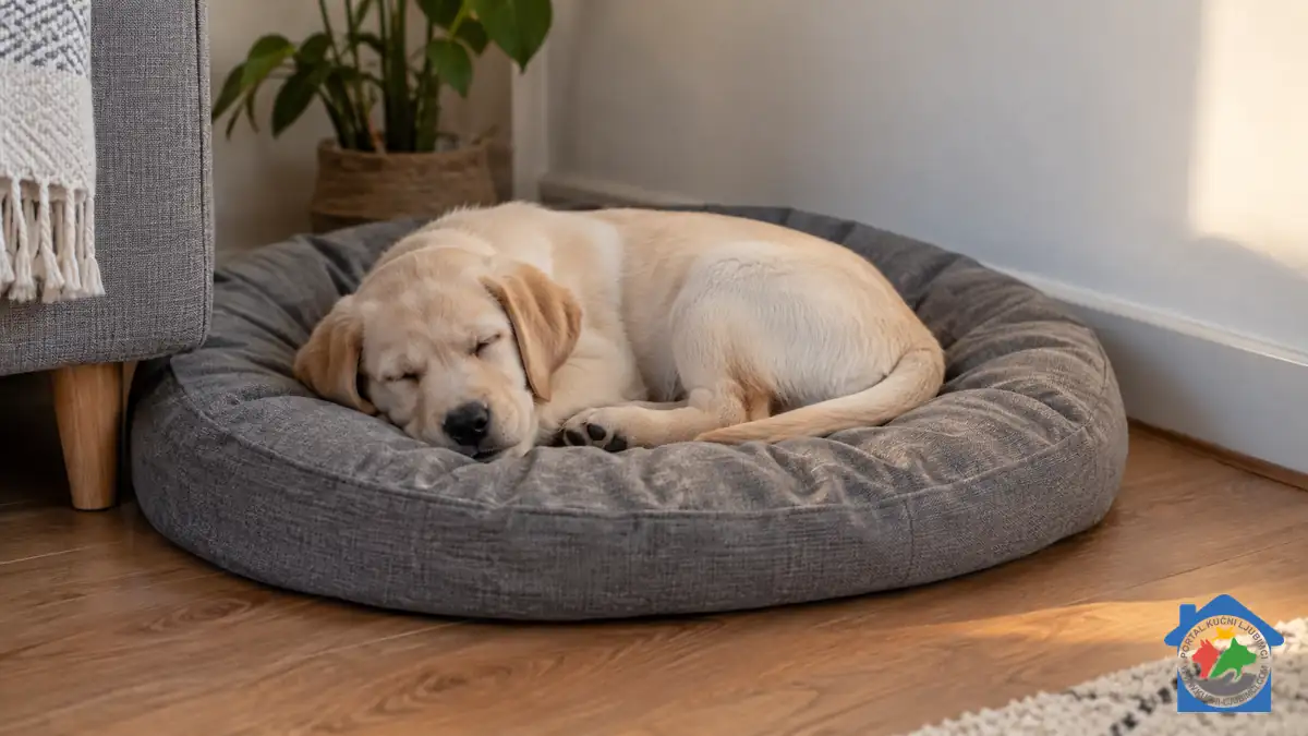 Kako naučiti štene da spava noću Štene labradora sklupčano spava na sivom ležaju u mirnom kutu dnevne sobe.