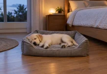 Kako naučiti štene da spava noću: štene labradora na ležaju uz krevet vlasnika
