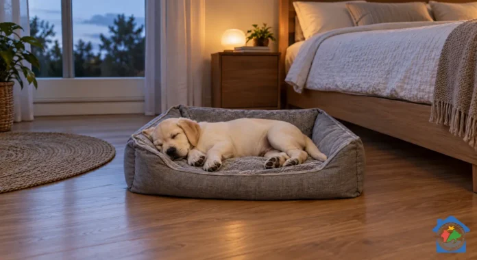 Kako naučiti štene da spava noću: štene labradora na ležaju uz krevet vlasnika
