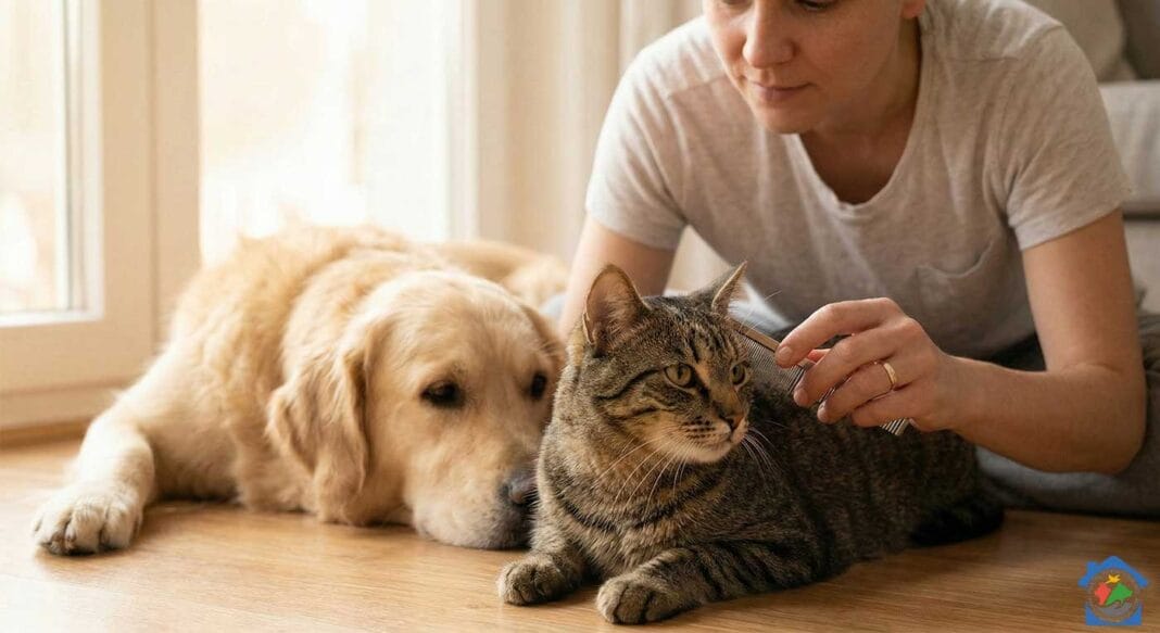 Provjera mačke na buhe češljem, dok pas leži u pozadini.