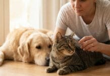 Provjera mačke na buhe češljem, dok pas leži u pozadini.