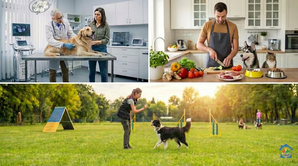 Kolaž koji prikazuje tri aspekta brige o kućnim ljubimcima: lijevo veterinarski pregled zlatnog retrivera u ambulanti, desno priprema svježe hrane za psa i mačku u kuhinji, dolje trening agilnosti i poslušnosti s border colliejem u parku.