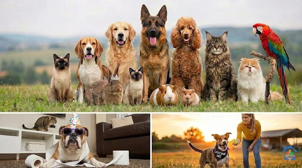 Kolaž s kućnim ljubimcima: gornji dio prikazuje veliku skupinu pasa, mačaka, glodavaca i papige na livadi; dolje lijevo je smiješan engleski buldog sa sunčanim naočalama i toaletnim papirom; dolje desno djevojka se igra sa psom koji nosi maramu s natpisom udomi me.