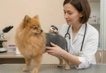 Veterinar pregledava pomeranca s alopecijom X pomoću povećala u veterinarskoj ambulanti.