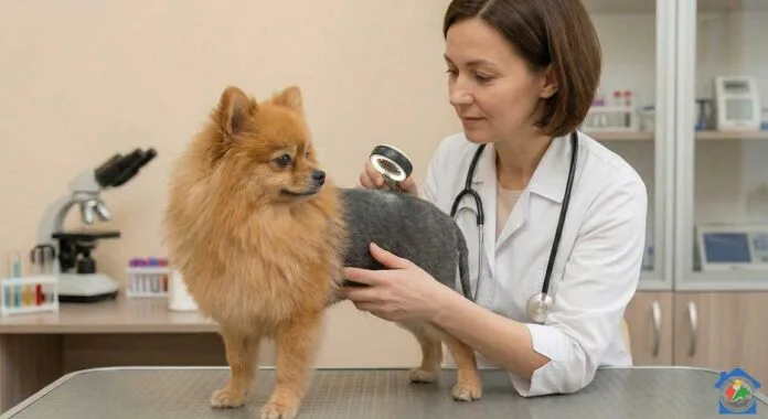 Veterinar pregledava pomeranca s alopecijom X pomoću povećala u veterinarskoj ambulanti.