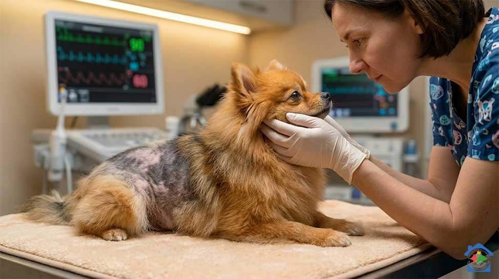 Alopecija kod pasa (alopecija x / black skin disease): uzroci, simptomi i liječenje Veterinarka umiruje i detaljno pregledava pomeranca s vidljivom alopecijom x na trupu.