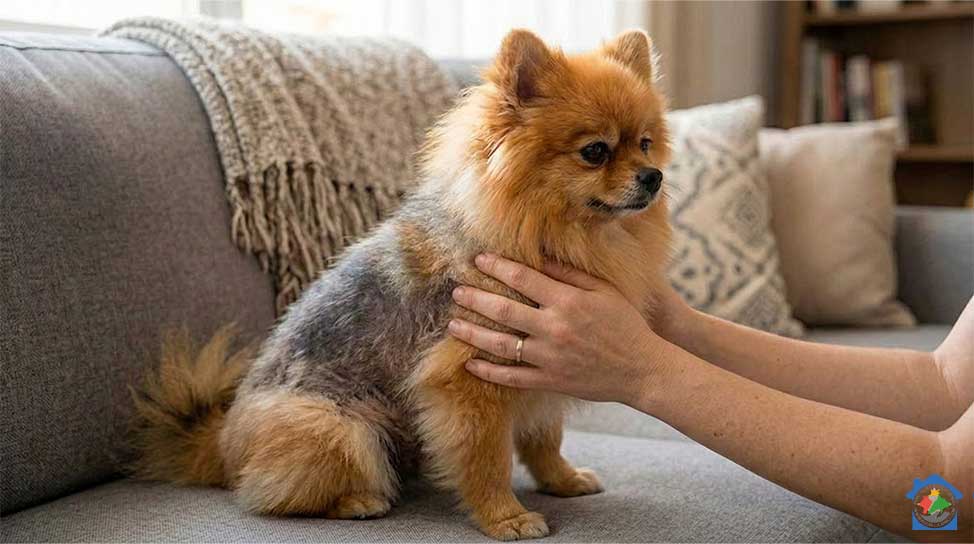 Alopecija kod pasa (alopecija x / black skin disease): uzroci, simptomi i liječenje Alopecija x vlasnik pregledava tamnu kožu i simetričan gubitak dlake na leđima pomeranca koji sjedi na kauču.