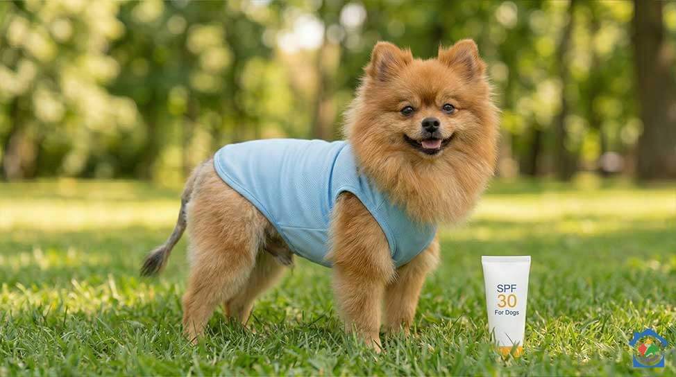 Alopecija kod pasa (alopecija x / black skin disease): uzroci, simptomi i liječenje Sretan pomeranac bez dlake na trupu nosi plavu majicu za uv zaštitu pored kreme sa zaštitnim faktorom za pse.