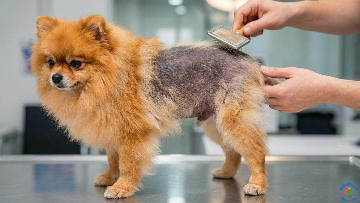 Pomeranac s alopecijom x (bolest crne kože), vidljiv gubitak dlake na trupu i tamna koža.
