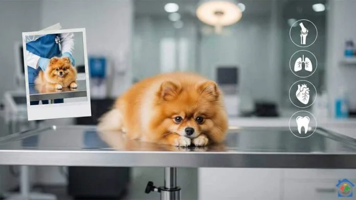Bolesti pomeranca -Narančasti pomeranac na veterinarskom stolu s grafičkim prikazom kostiju, pluća, srca i zubi.