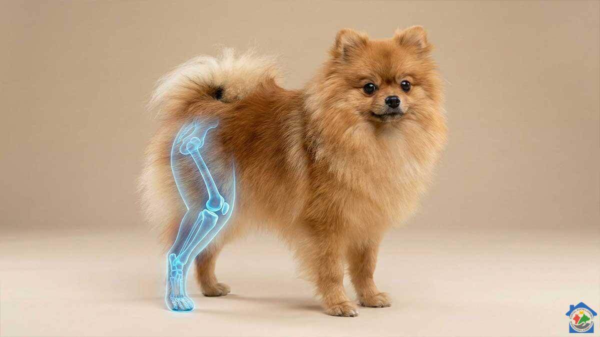 Bolesti pomeranaca – rendgenski prikaz stražnje noge pomeranca koji pokazuje anatomiju koljena i patele.