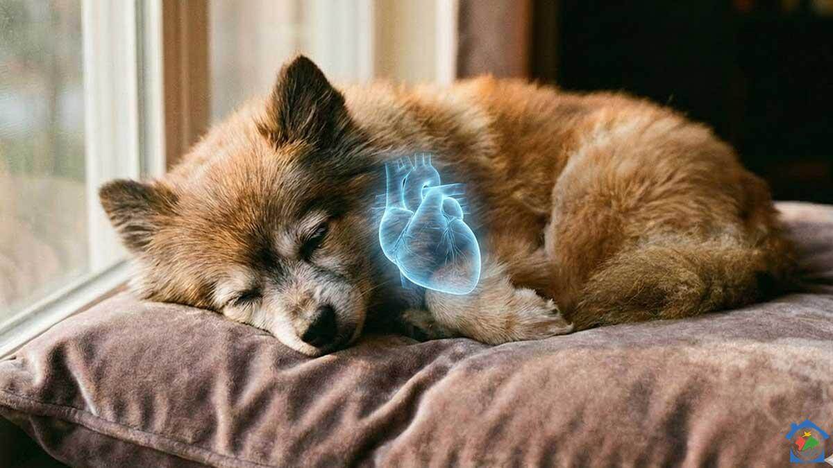 Stariji pomeranac spava na jastuku s digitalnim prikazom srca na prsima.