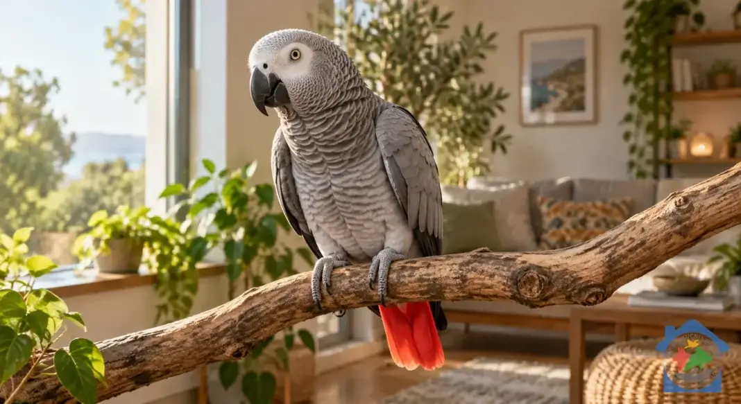 Afrička siva papiga žako na drvenoj grani u dnevnom boravku