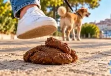 Tenisica neposredno prije nagaza na pseći izmet na stazi, s psom na povodcu u pozadini.